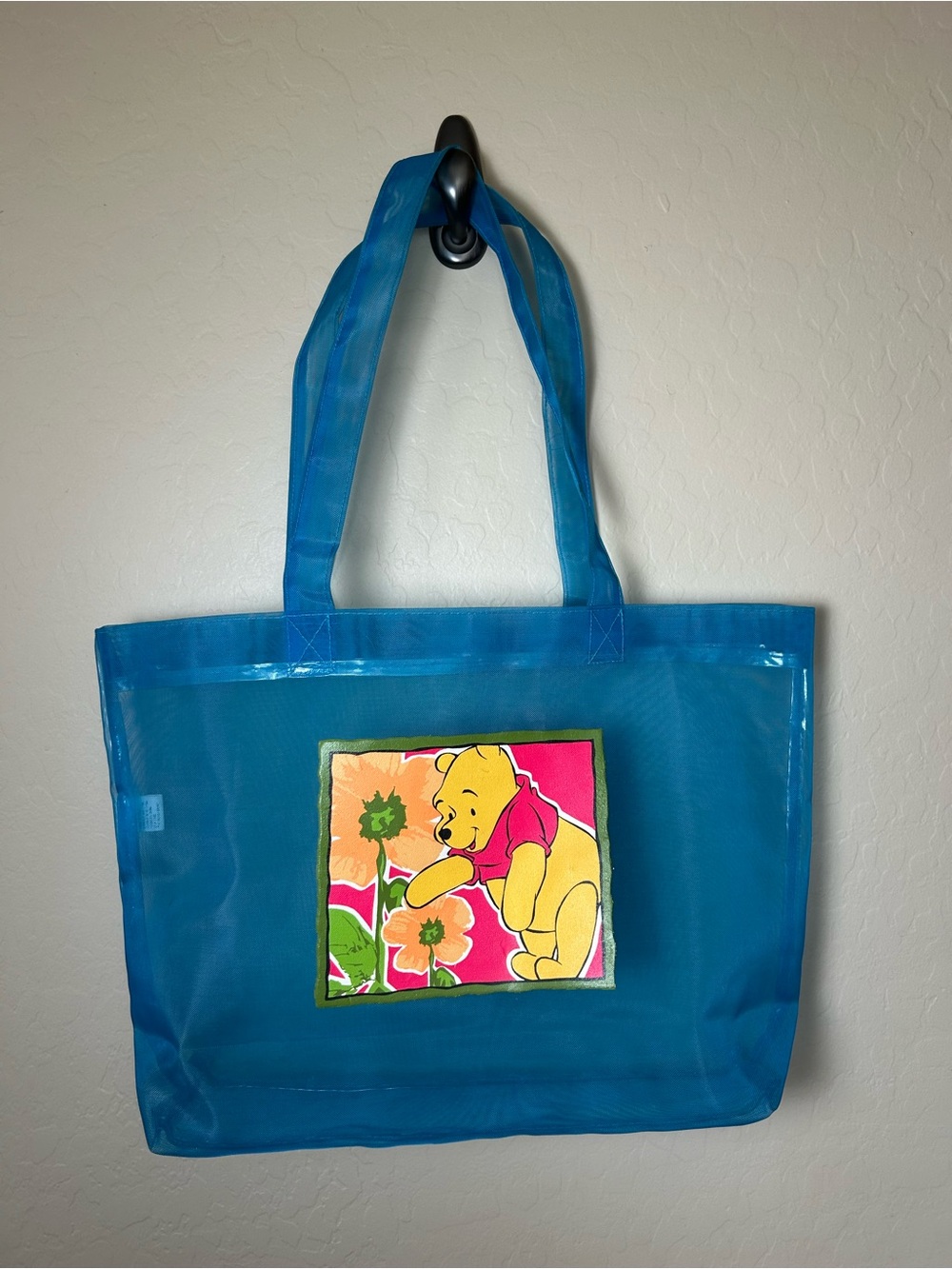 Disney Winnie the Pooh Bear Blue Mesh Tote Bag with Colorful Patch Unique/Rare